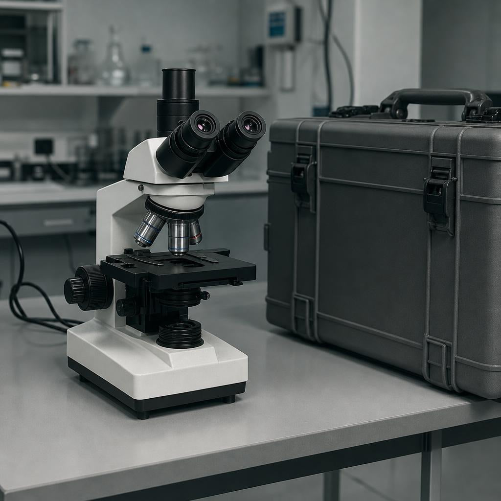 Microscopio de laboratorio grande y pesado con su maleta